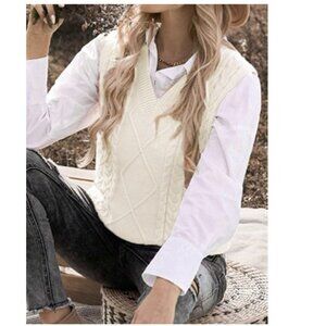 Chic Style Cable Knit V-neck Relaxed Fit Cream Chunky Aesthetic Sweater Vest